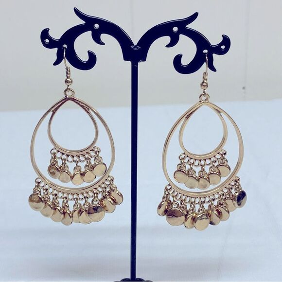 Vintage Boho Drop Dangle Gold Tone Earrings 3” Gorgeous - Picture 1 of 5